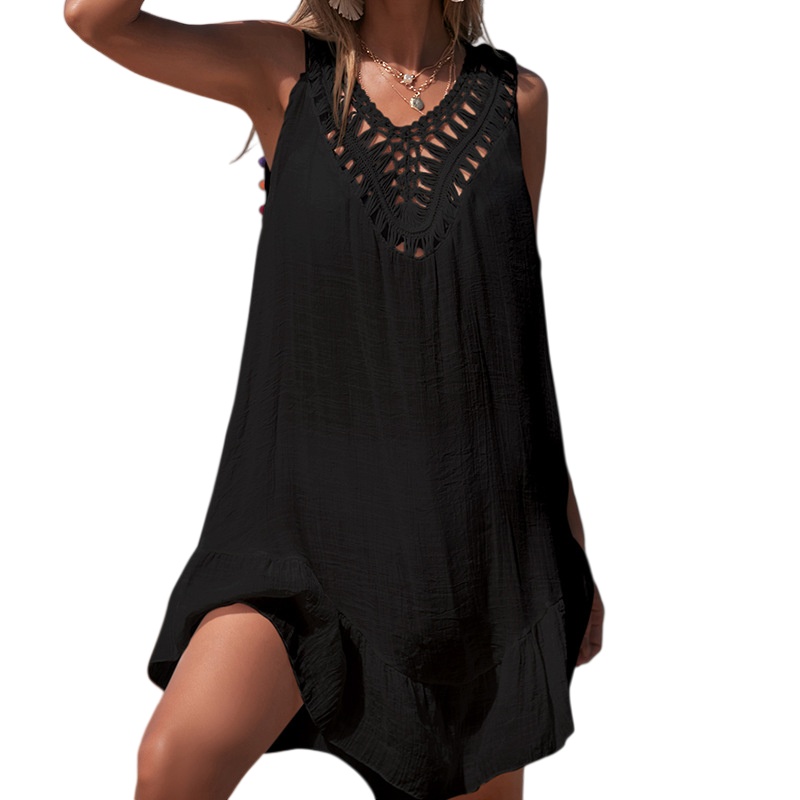 Womens Boho Beach Cover-Up Dress - Crochet V-Neck Sleeveless Mini Dress